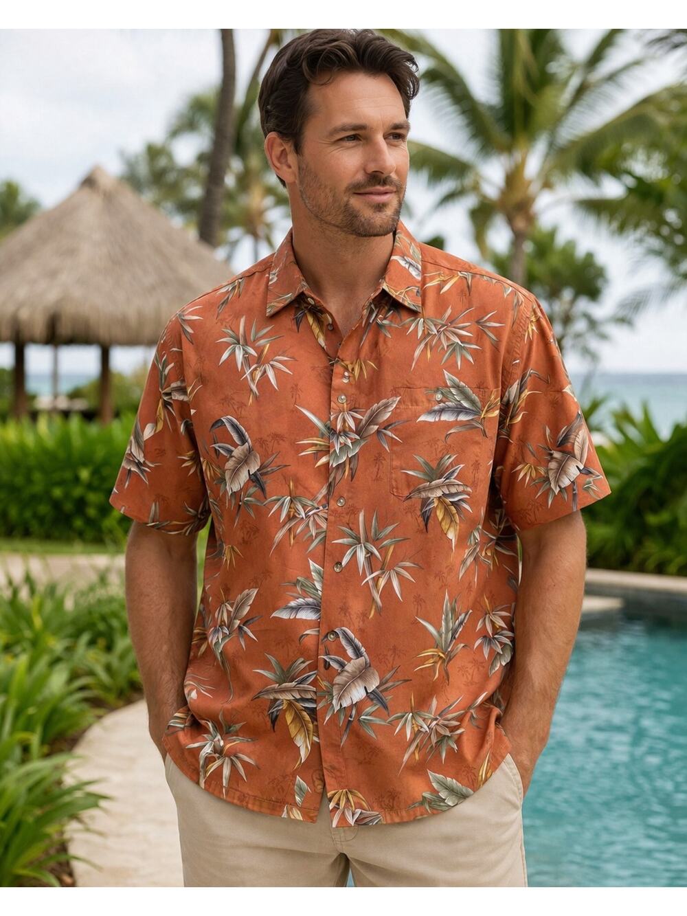 Hollis River Men's Hawaiian Shirt Size 2XL Rust Short Sleeve Cotton Beach Cruise